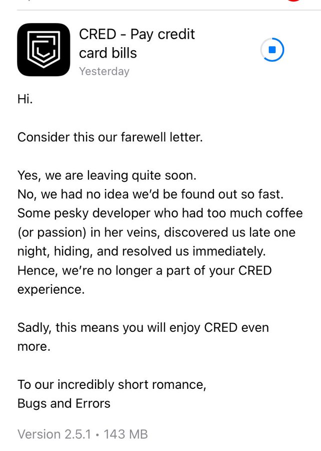 CRED scripts a farewell letter for bugs and errors.