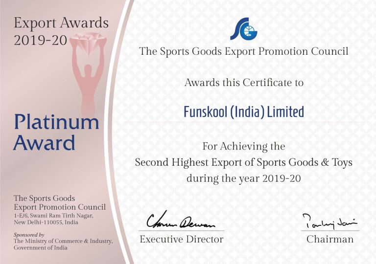 Funskool India awarded for outstanding performance in Export of Sports Goods and Toys in 2019-20