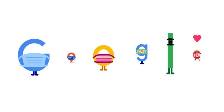 People are encouraged to wear masks in a Google Doodle