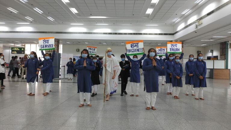 Adani Vidya Mandir students bring learnings from Bapu’s life to city airport