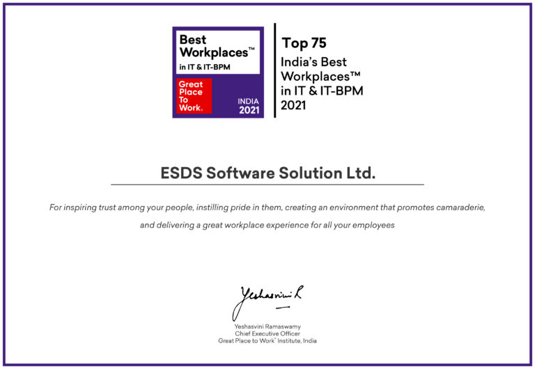 ESDS Software Solution Limited has been honored among Top 75 India’s Best Workplaces in IT & IT-BPM 2021