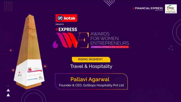 Pallavi Agarwal of goSTOPS wins at the Express Awards for Women Entrepreneurs in the ‘Rising Segment’ of the ‘Travel & Hospitality’ category