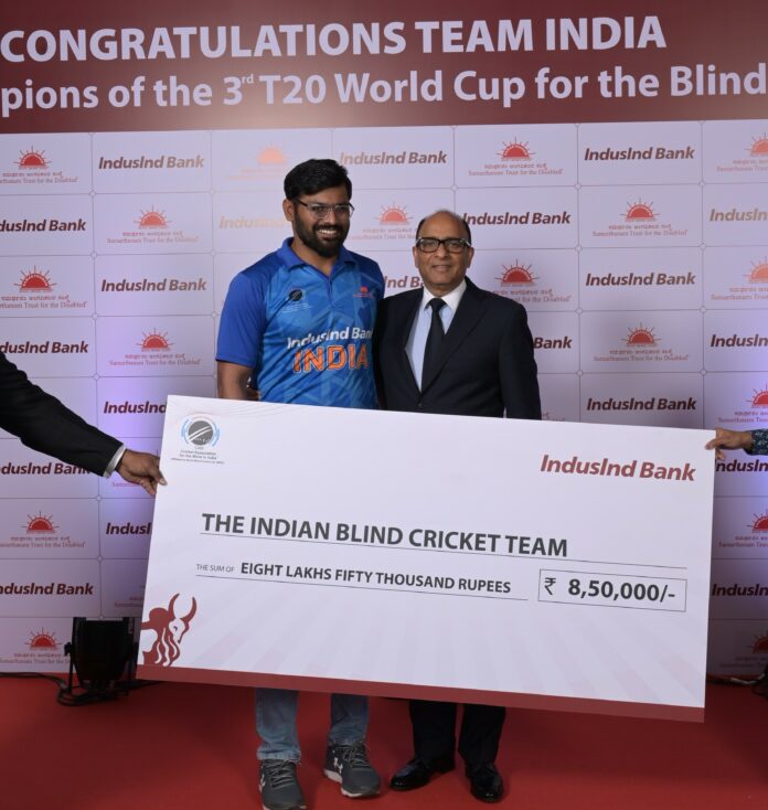 Mr. Sumant Kathpalia, Managing Director & CEO, IndusInd Bank felicitating the Indian Blind Cricket Team (represented by the Captain – Ajay Kumar Reddy) for a historic three-peat win at the 3rd T20 World Cup for the Blind held in Dec 2022.