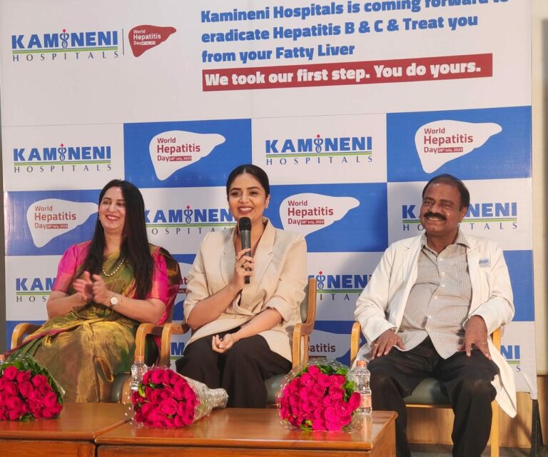 Ms. Sreemukhi speaking at the launch of Kamineni Hospitals Free Liver Health Checkup on 28th July