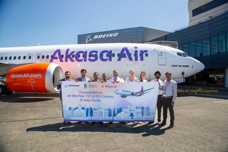 Akasa Air employees receive ceremonial keys of its 20th aircraft at Boeing's delivery centre in Seattle, USA