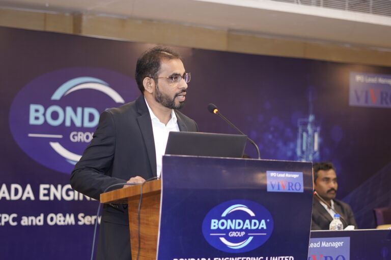 Mr. Bondada Raghavendra Rao, CMD, Bondada Engineering Limited is speaking at the SME IPO Press Conference, Hyderabad