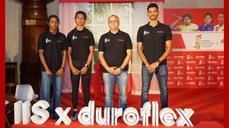 L-R -- Kalaivani Srinivasan (Boxing), Priya H Mohan (Relay), Mohanraj J. (CEO, Duroflex) & Sreeshankar Murali (Long Jump)
