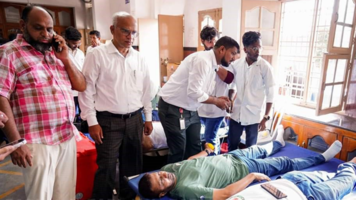 Hyderabad MP Asaduddin Owaisi participates in a mega blood donation camp organised by Thalassemia and Sickle Cell Society