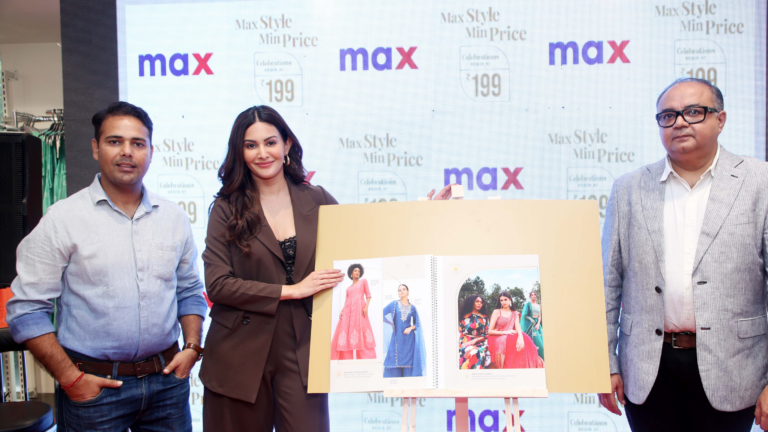 From Left to Right - Mr. Rajesh Kumar, DGM-Max Marketing, Bollywood Actress Amrya Dastur & Mr. Shailendra Nath, GM - Retail Operation, Max Fashion at the launch of MAX Festive Collection in New Delhi