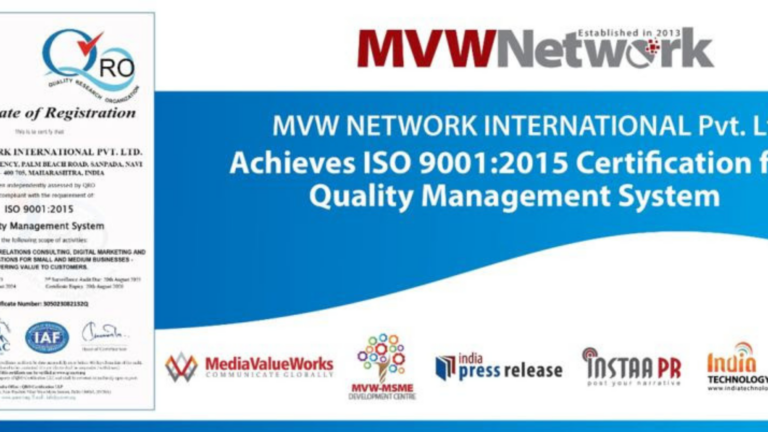 Global Digital PR and Communications Service Provider 'MediaValueWorks' receives ISO 9000-2015 Certification for Quality Management