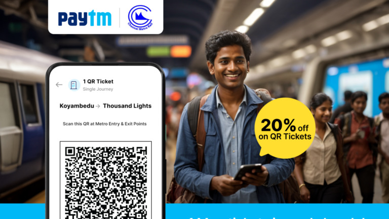 Paytm issues over 1 million QR tickets for Chennai Metro; CMRL offers 20% discount on QR tickets booked via Paytm