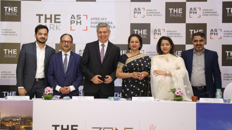 The Park Hotels 2 (L-R) – Mr. Kuunal Mallkan (Equity Capital Markets, Axis Capital Limited), Mr. Atul Khosla (Senior Vice President & Chief Financial Officer, Apeejay Surrendra Park Hotels Limited), Mr. Vijay Dewan (Managing Director, Apeejay Surrendra Park Hotels Limited), Ms. Priya Paul (Chairperson & Executive Director, Apeejay Surrendra Park Hotels Limited), Ms. Neha Agarwal (Managing Director & Head - Equity Capital Markets, JM Financial Limited), and Mr. Abhishek Mehta (VP - Consumer / Hospitality Coverage, ICICI Securities Limited) at the press conference in connection to Apeejay Surrendra Park Hotels Limited’s Initial public Offering (IPO).